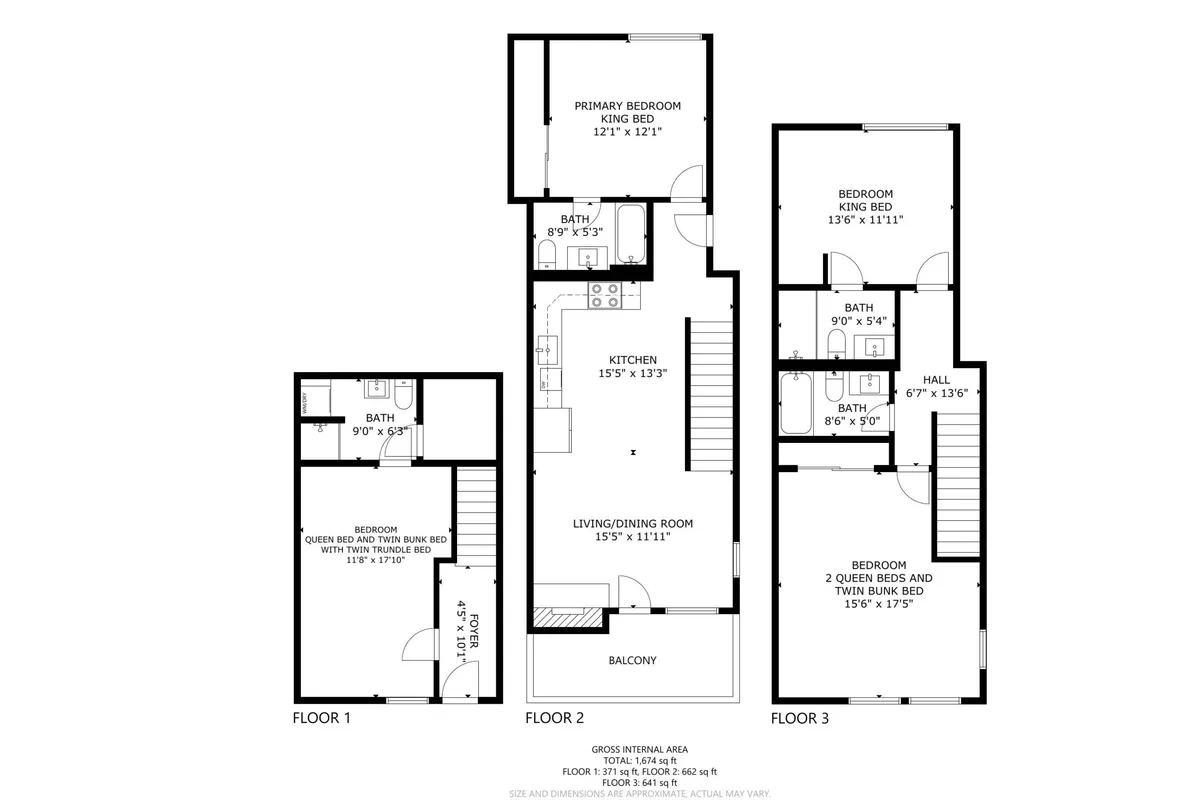 This image offers a wide view into the kitchen, living/dining area, and balcony, capturing the communal, open-concept layout of the estate. It subtly frames the primary bedroom as well, suggesting ample space for both gathering and private retreat. The scene feels welcoming and comfortable, with inviting natural light and clear opportunities for family meals, relaxing on the balcony, and group entertaining.